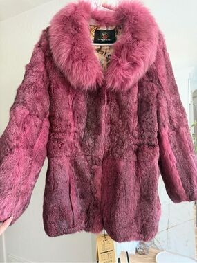 NWT Fengmuoni Pink Rabbit Fur Coat Genuine Fox Fur Collar Jacket